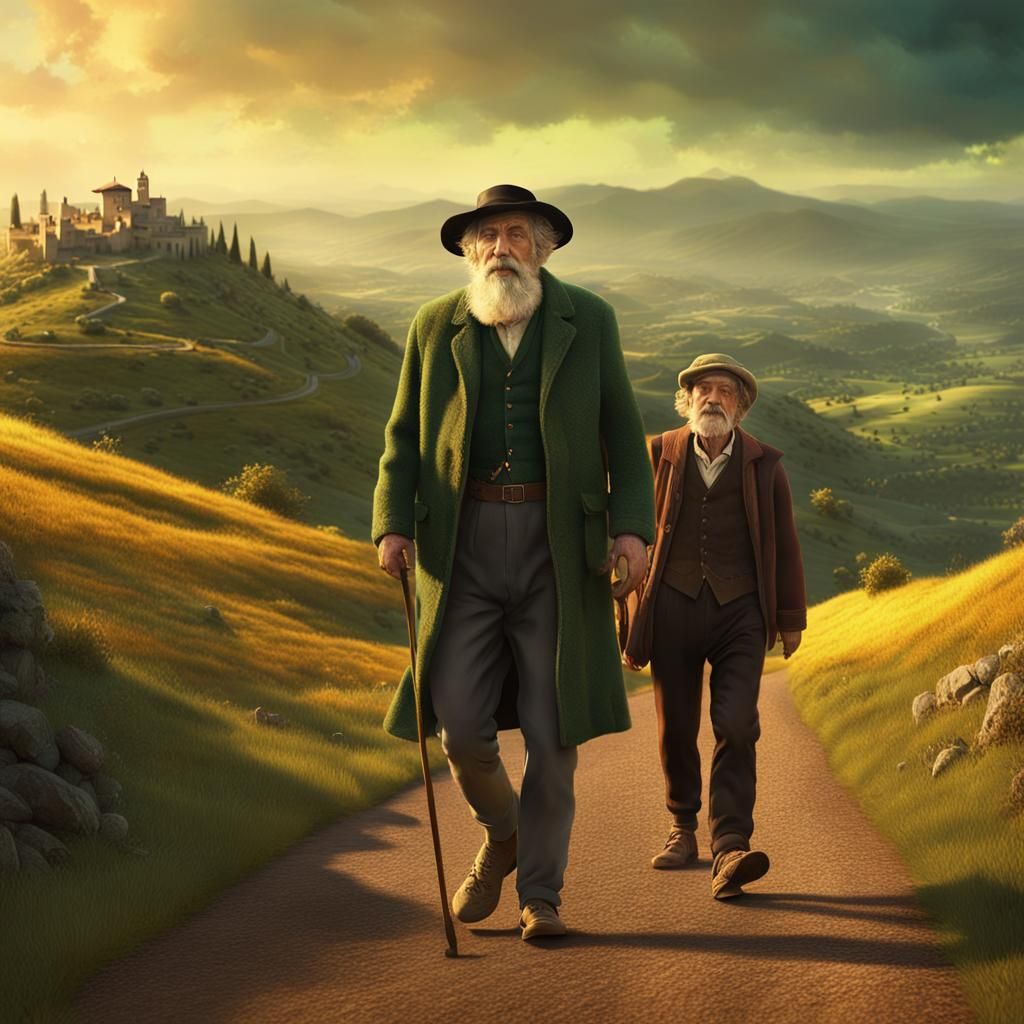 Italian Man and Boy Walking in Renaissance Landscape