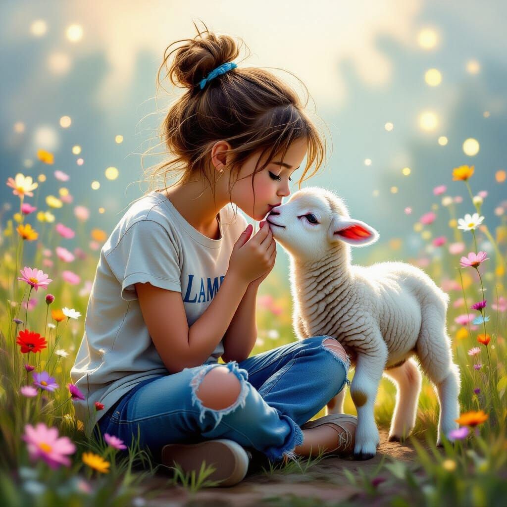 Girl with Lamb in Ethereal Fantasy Landscape