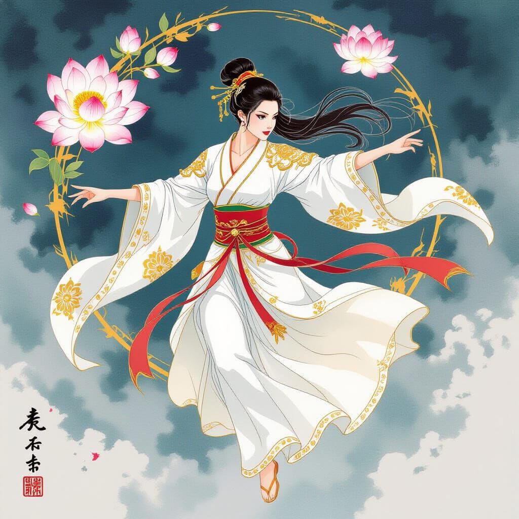 Elegant Martial Arts Fighter in Watercolor Style