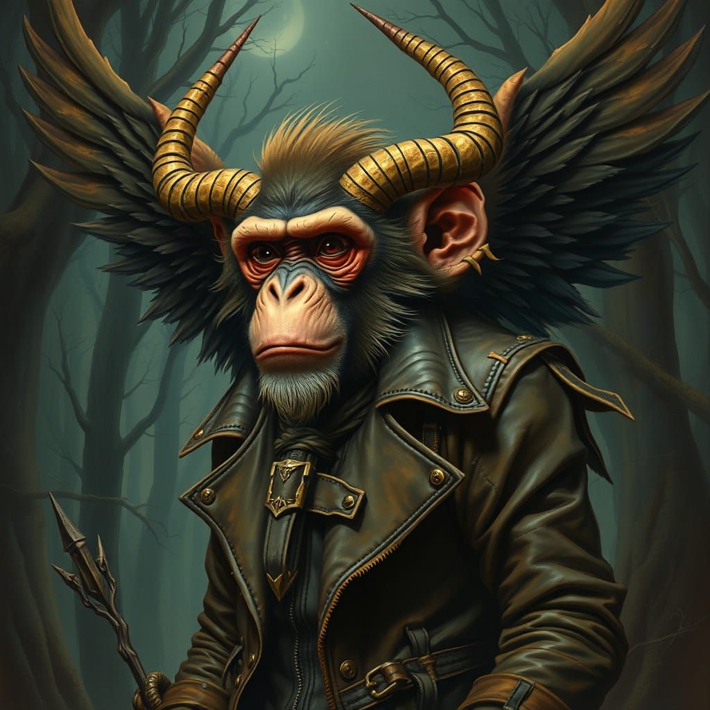 Winged Monkey in Mystical Forest, Gothic Fantasy Art