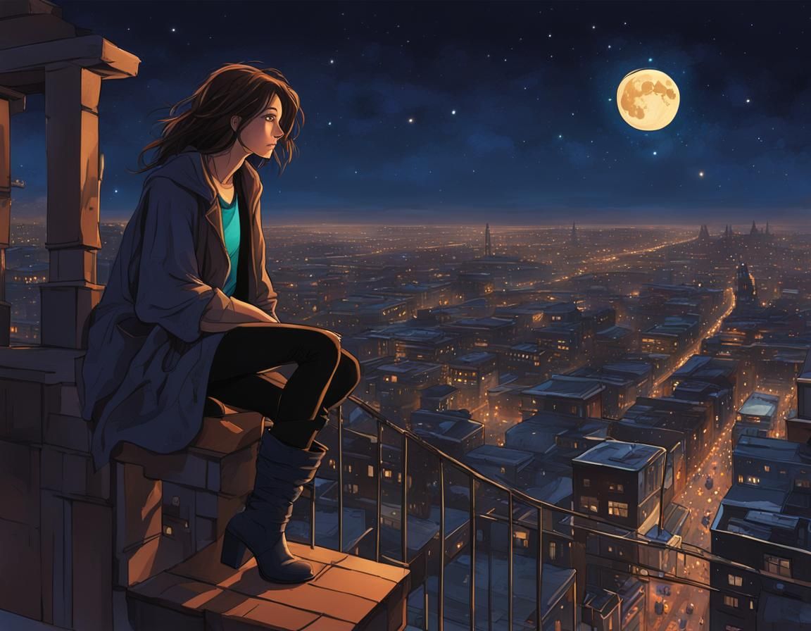 Woman Gazing at Galaxy Over City Lights
