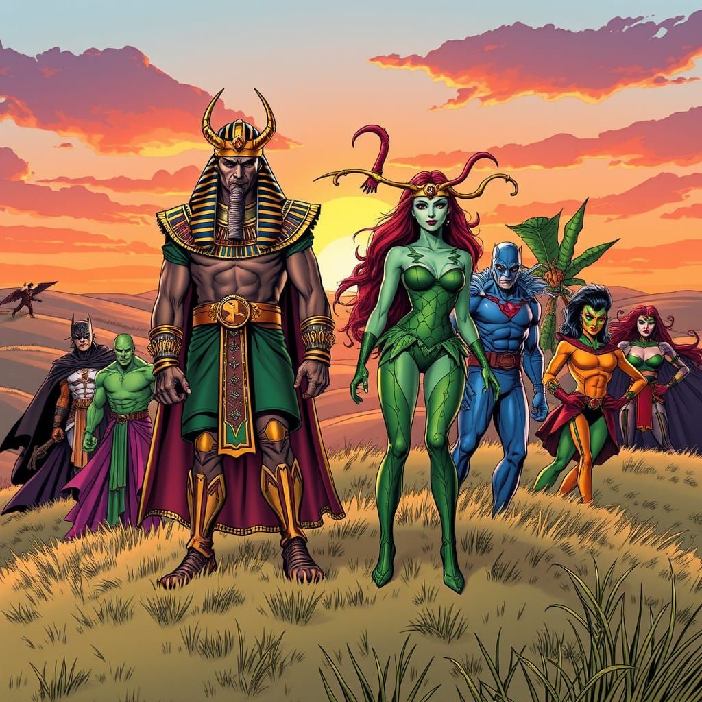 Thoth and Poison Ivy with Supervillains in Comic Art
