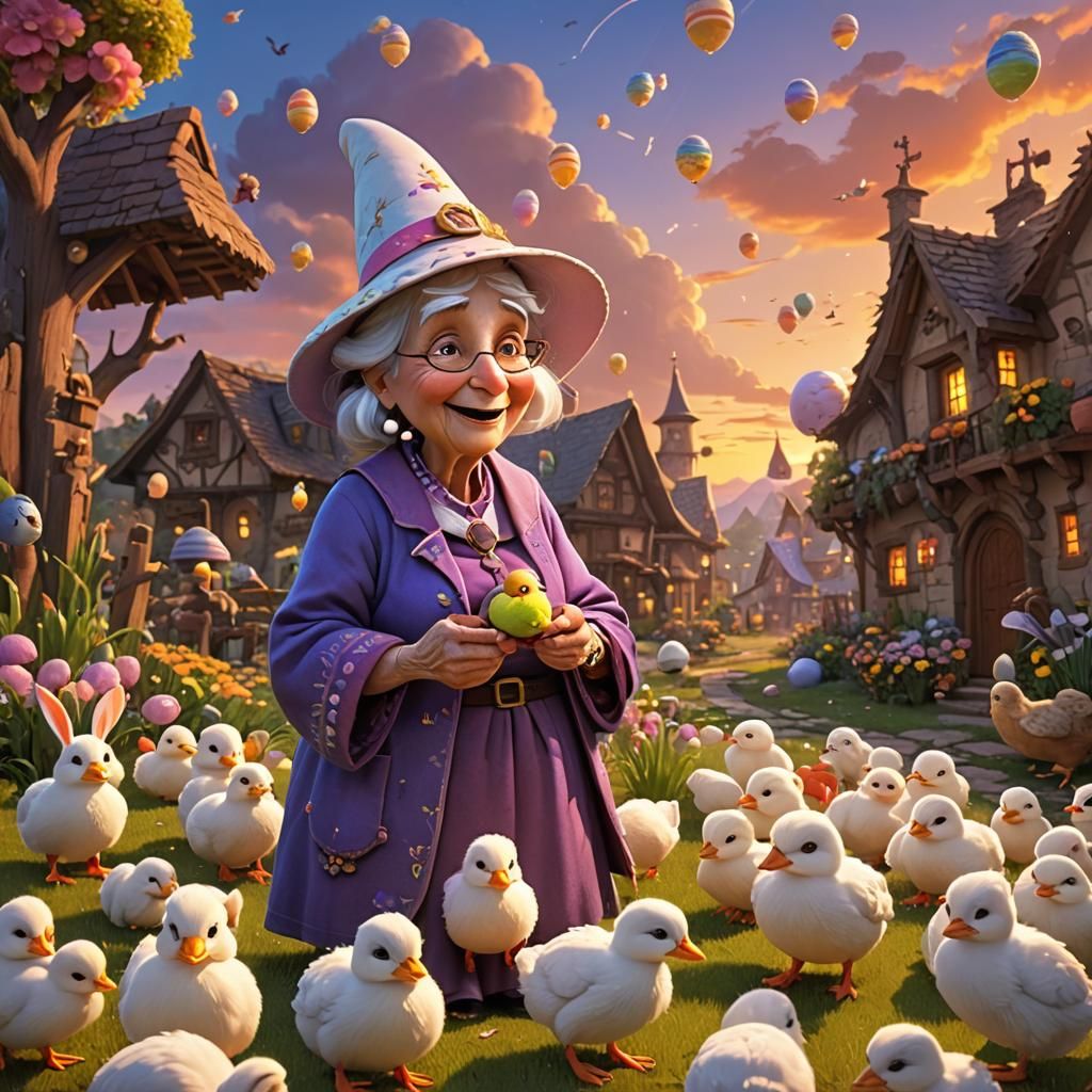 Chibi Easter Witch with Giant Chicks and Bunnies