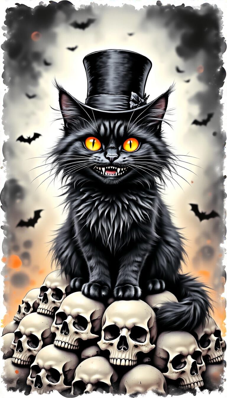 Goth Black Cat on Skull Pyramid in Dark Fantasy Ink Art