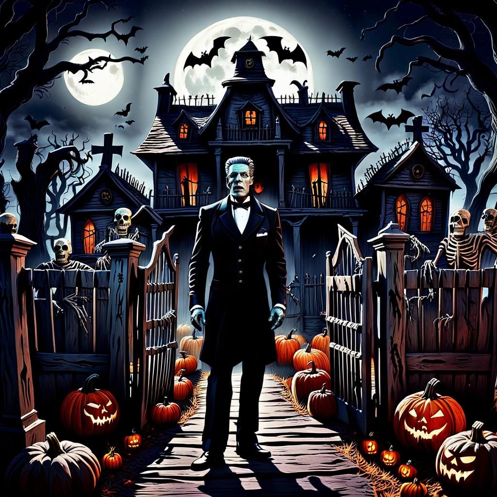 Eerie Haunted House with Frankenstein and Cemetery Gates