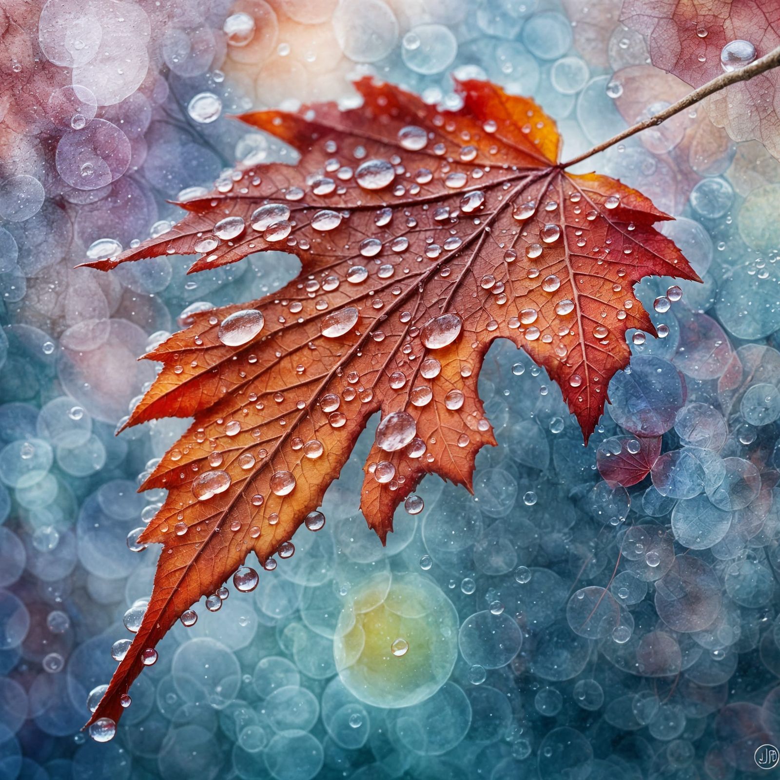 Red Autumn Leaf Dewdrops in Watercolor Painting