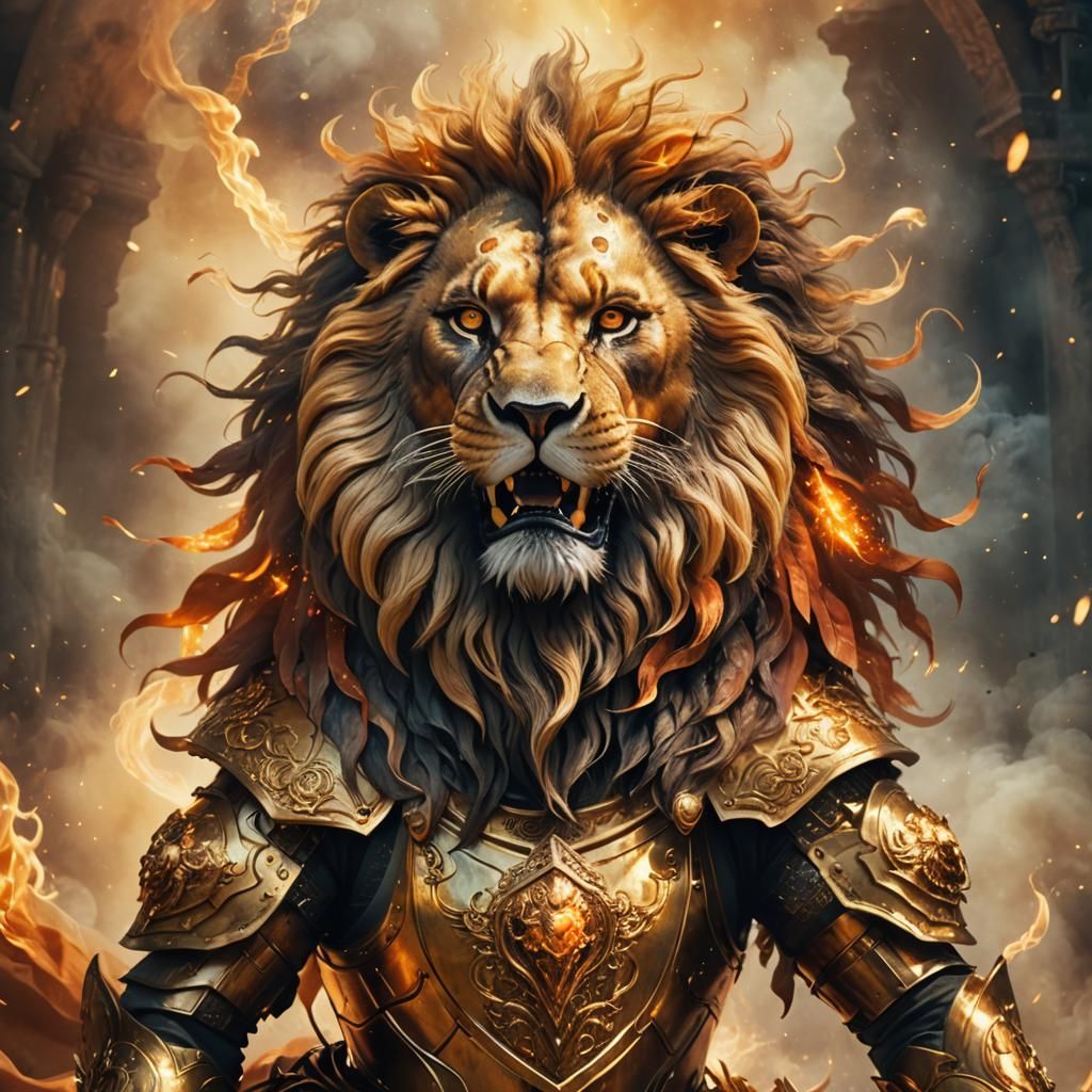 Armored Lion with Fiery Mane in Mystical Realm