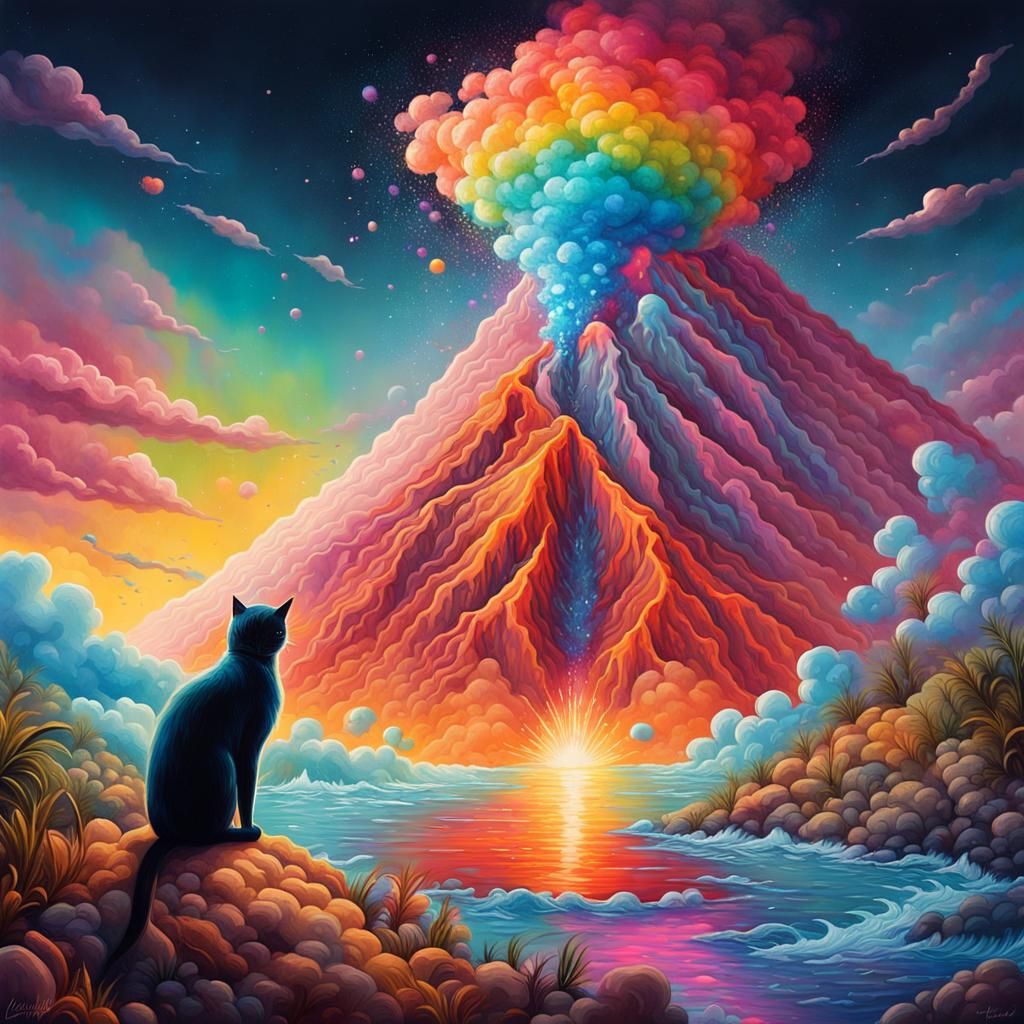 Volcanic Cats Erupting in Rainbow Glitter, Graffiti Art