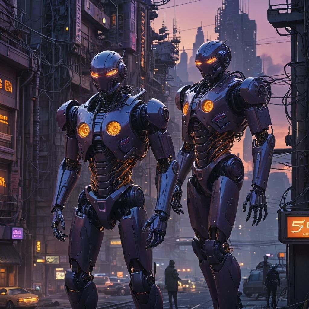 Robots Rise in Retro-Futuristic Dystopian Cityscape