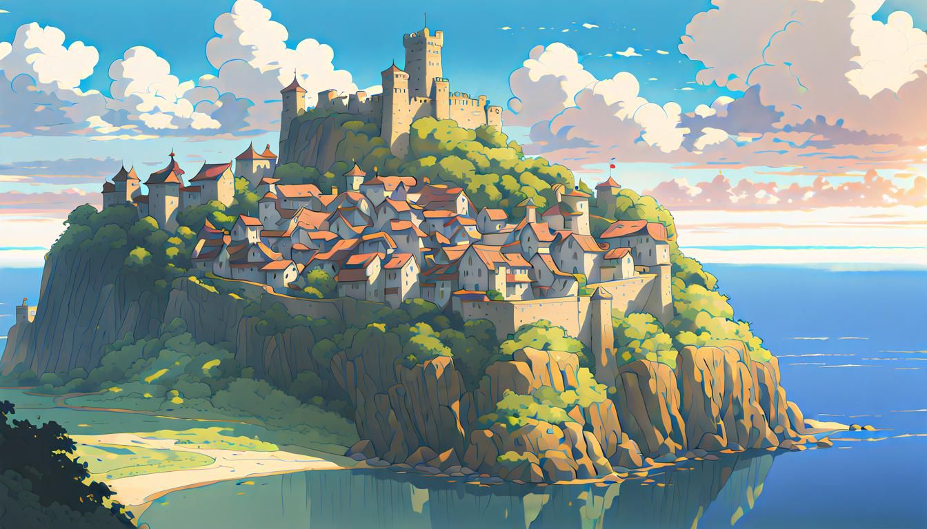 Colorful Medieval Town Overlooking Sea in Anime Style