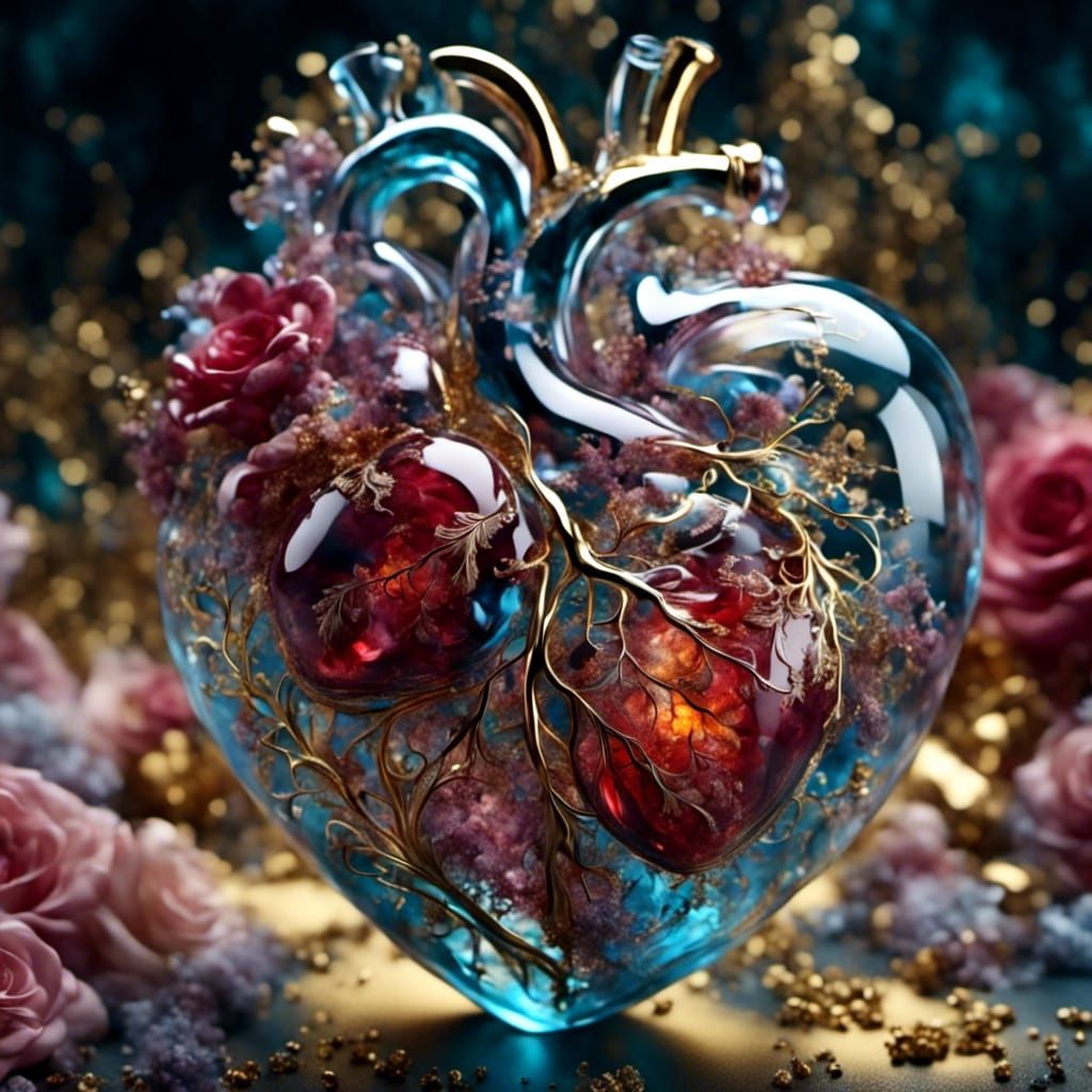 Luminous Glass Heart with Gold Veins in Dreamscape