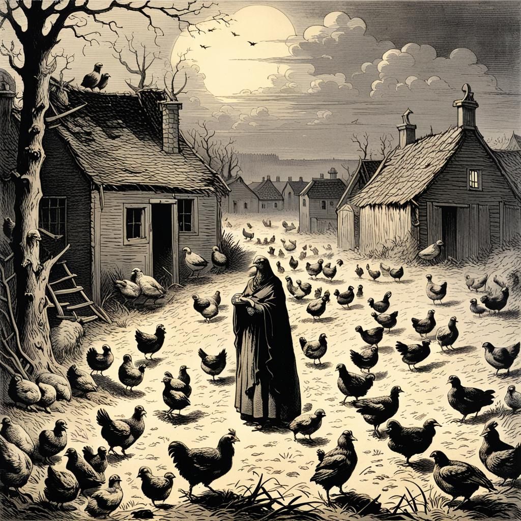 Mother Hen and Chicks in Village, Dark Art
