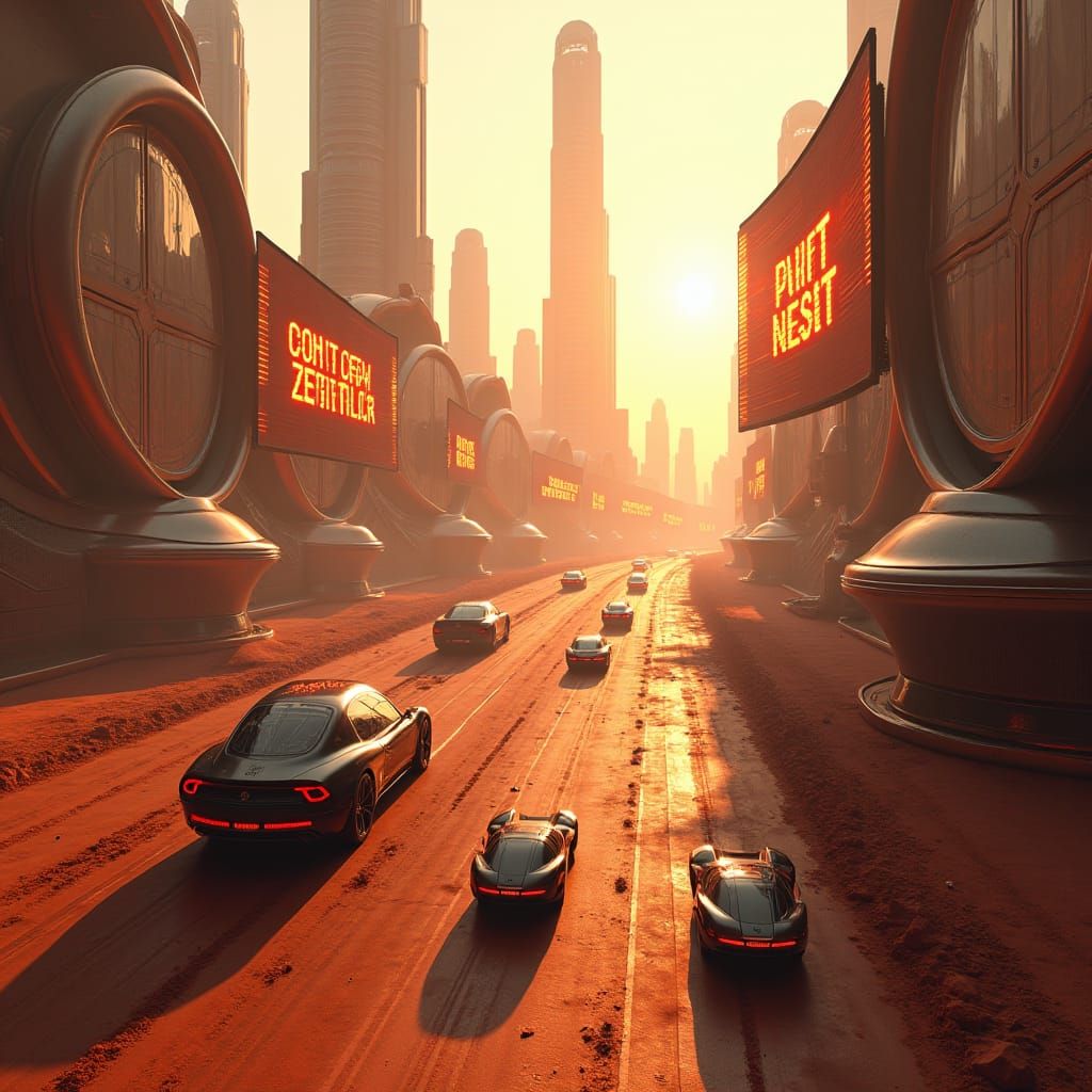 Futuristic Alien Cityscape on Mars at Golden Hour