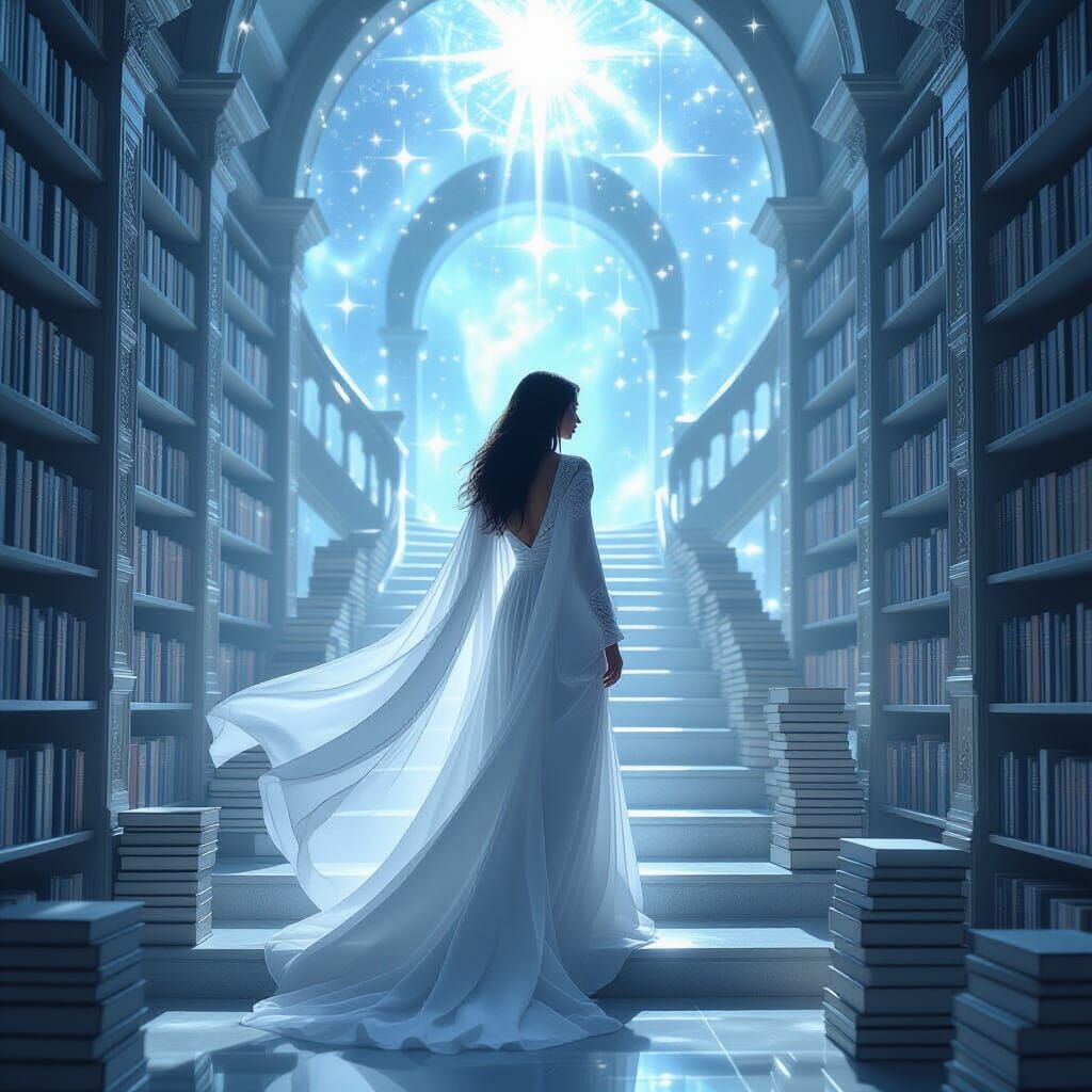 Ethereal Woman in Celestial Library with Divine Light