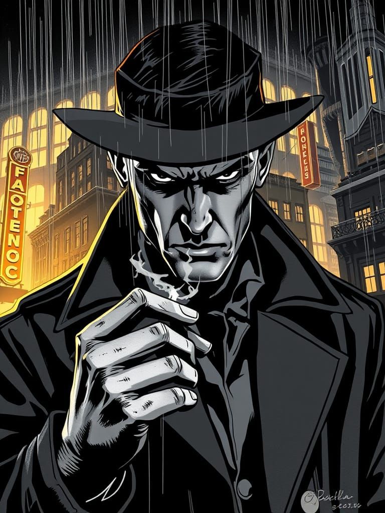 Noir Detective Comic Cover Art in Dynamic Line Style