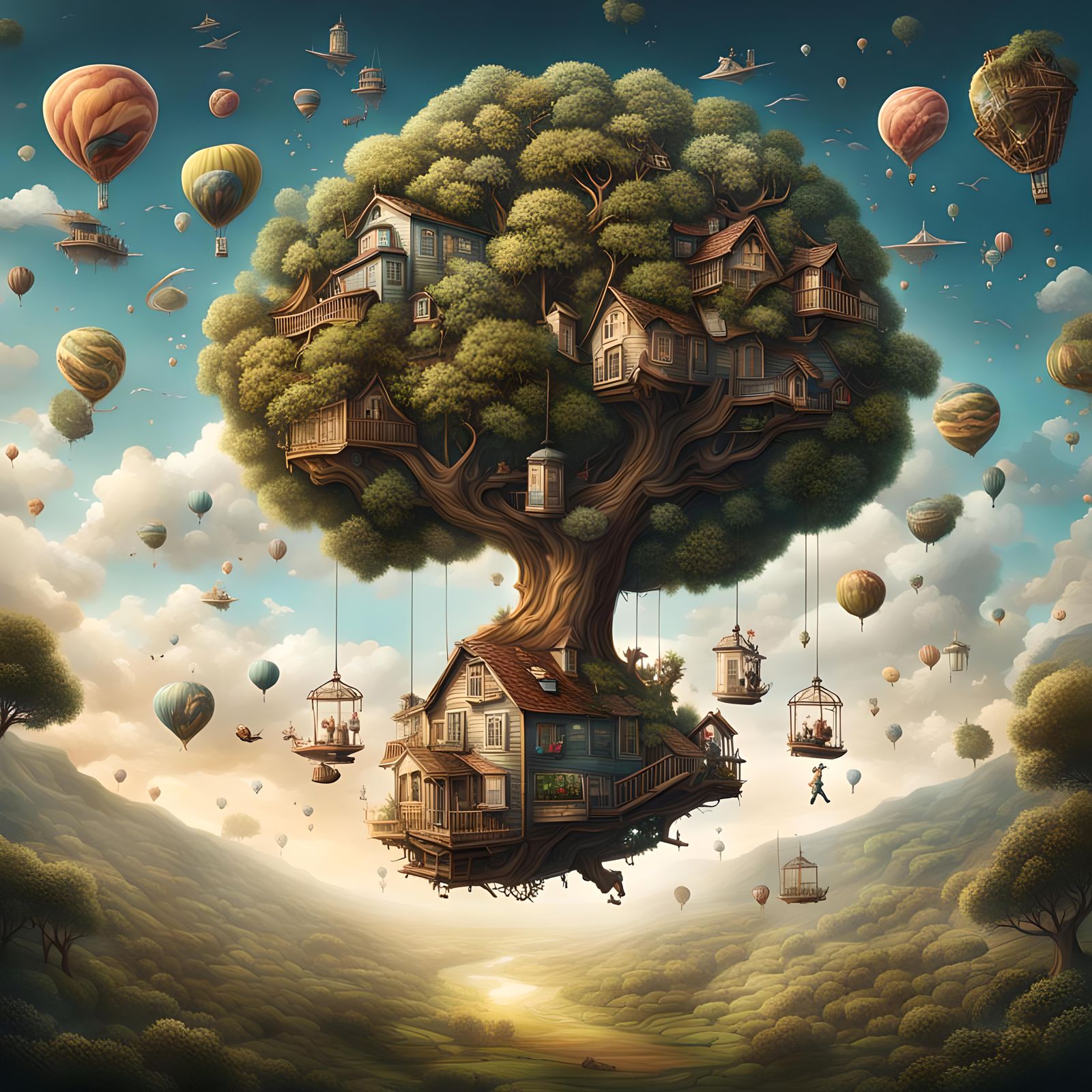 Gravity-Defying Tree in Whimsical Digital Illustration