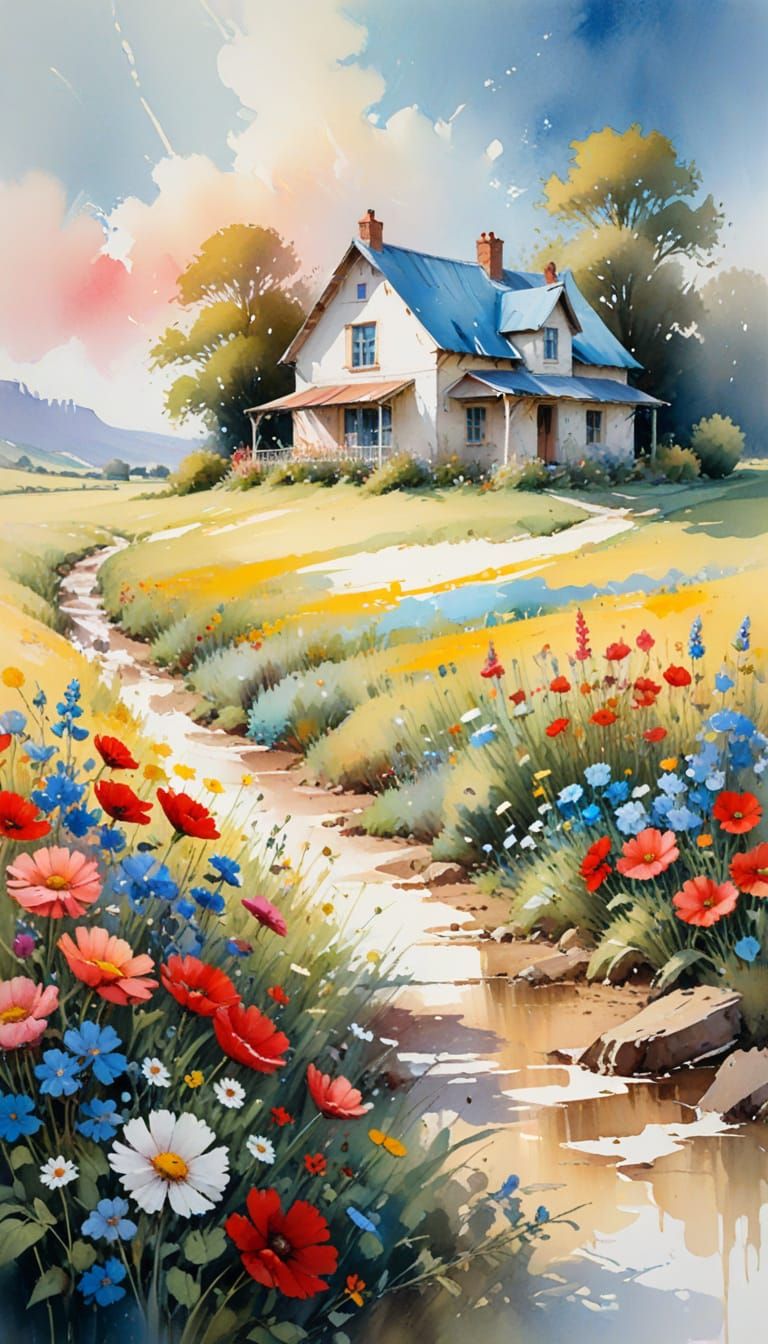 Sunlit Farmhouse by Wildflower Meadow Watercolor Painting