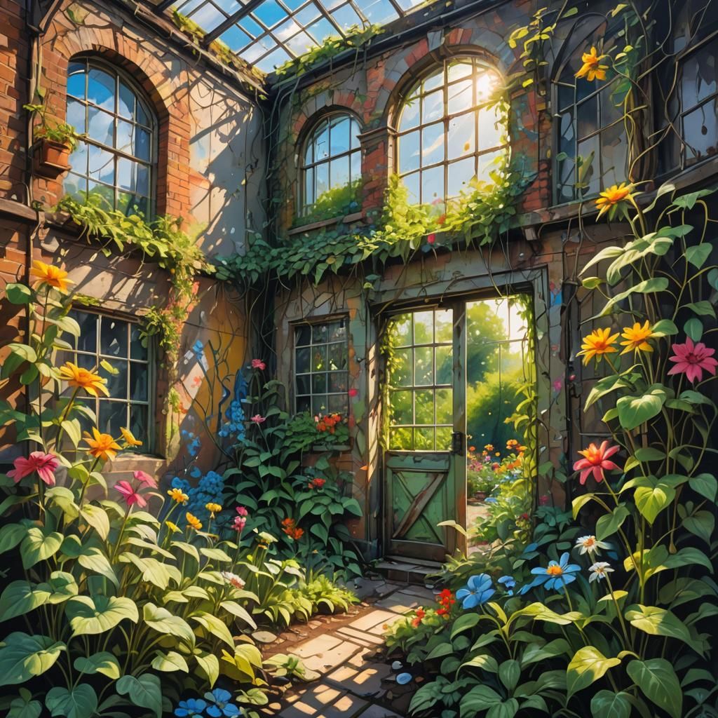 Derelict, house, walled, garden, flowers, climbing, plants, ...