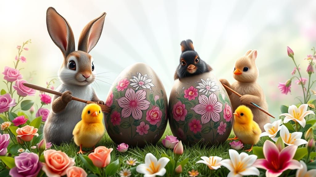Rabbits and Chicks Painting Easter Eggs: Pixar Disney Style