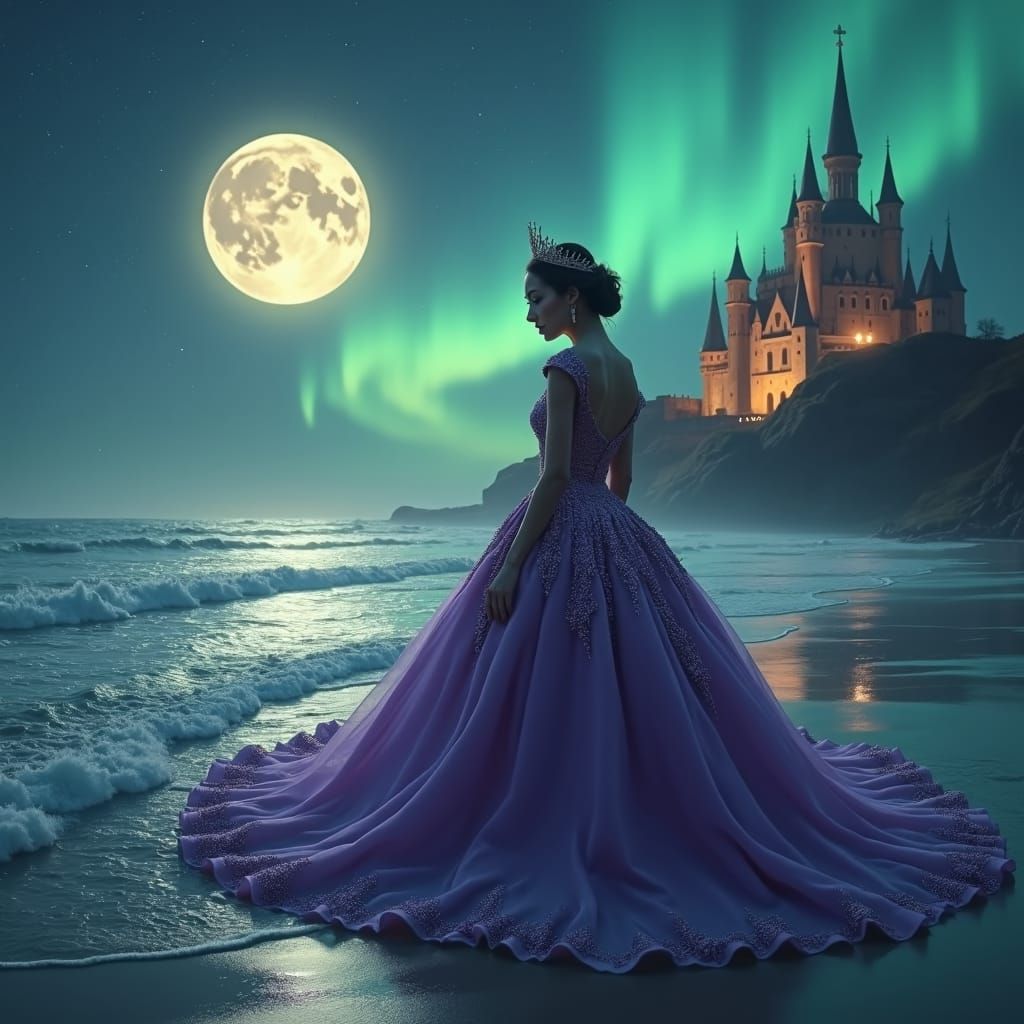 Woman Emerges from Waves Under Northern Lights