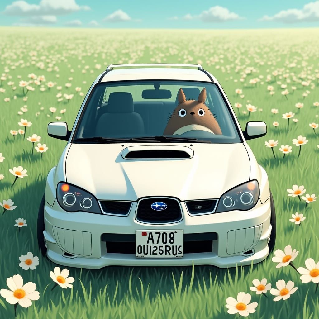Surreal Fantasy Car Scene in Ghibli Studio Style with Totoro