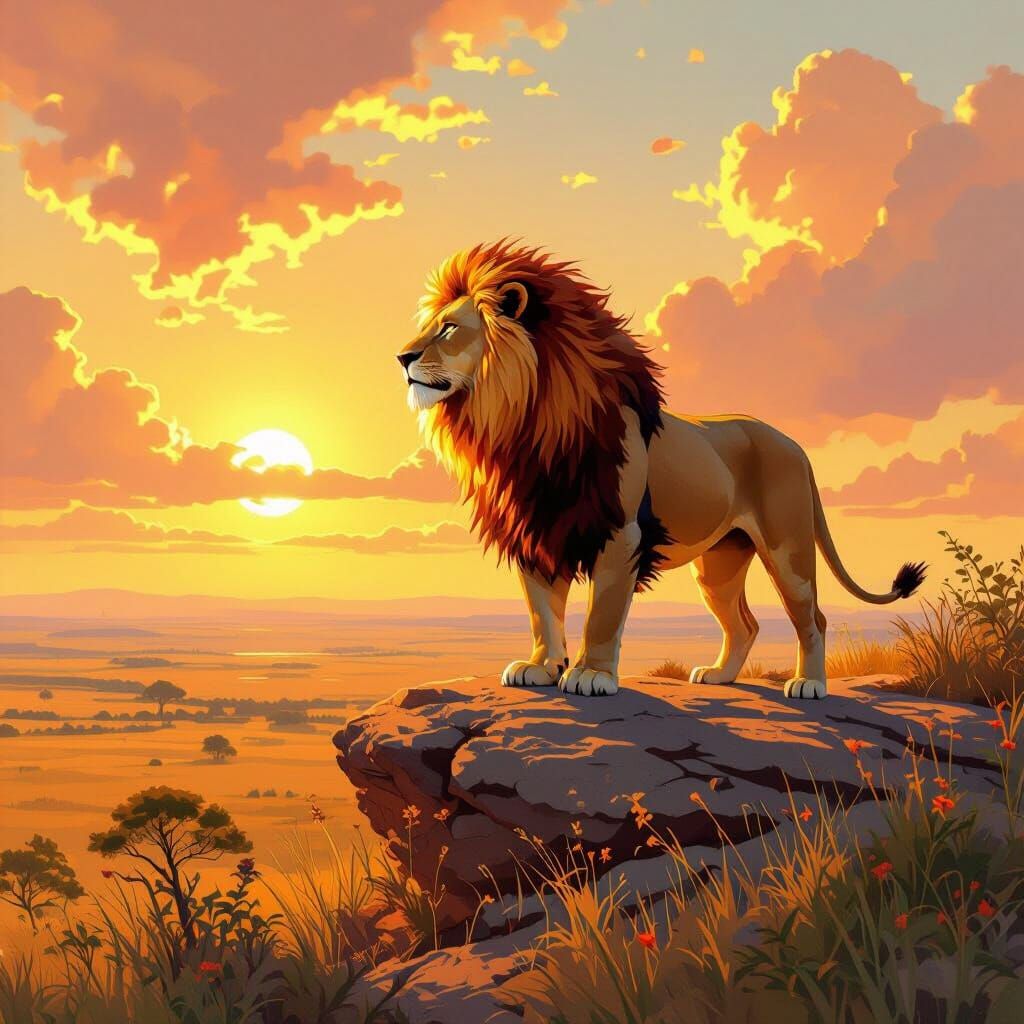 Fiery Lion Overlooking Savanna, Hyperrealistic Style