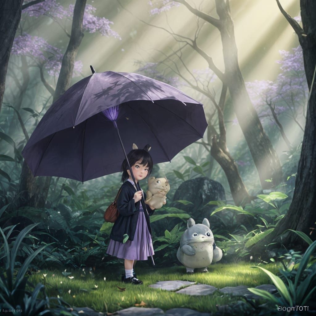 Totoro and Girl in Forest Illustration