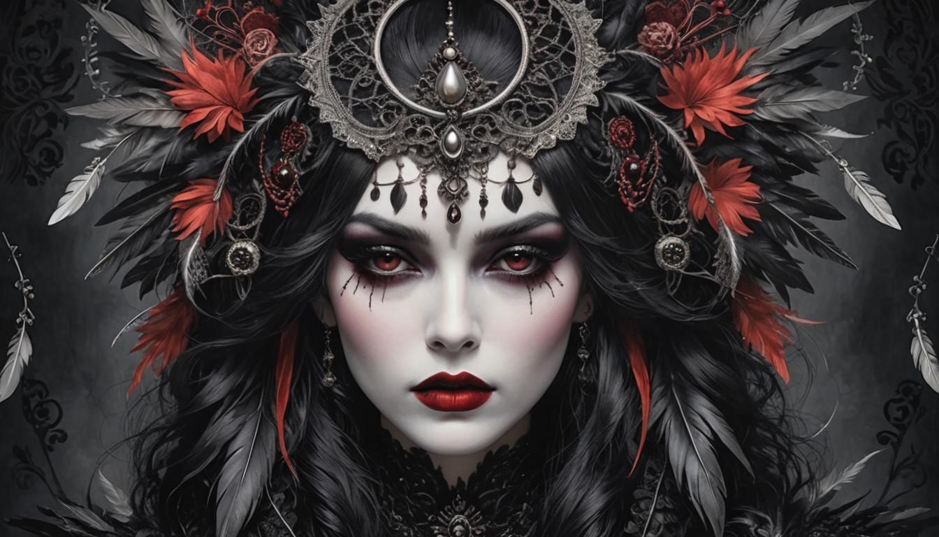 Mystical Gothic Woman in Shadows with Crimson Lips