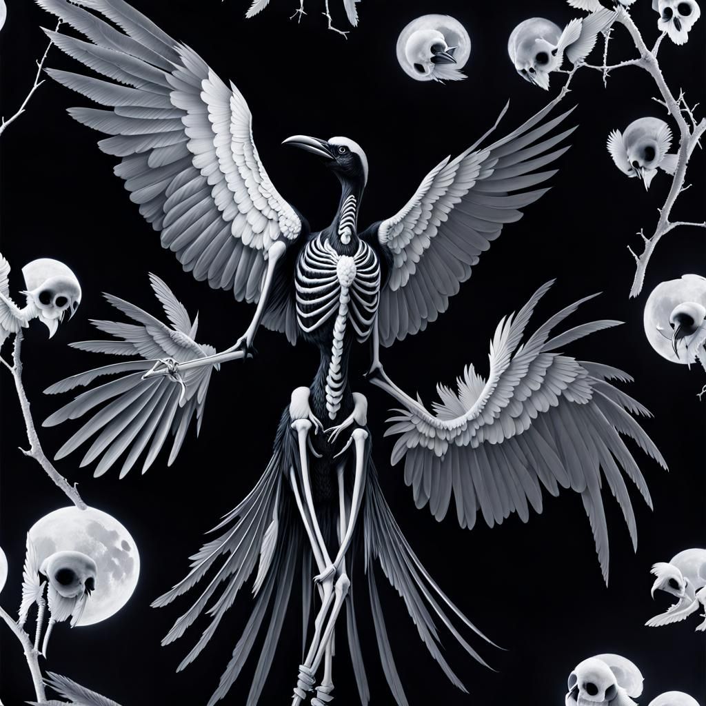 Ibis, Toth , Death dove raven Infrared photography, Skeletal angel of death, apparition, luminous silk, wings of light ,...
