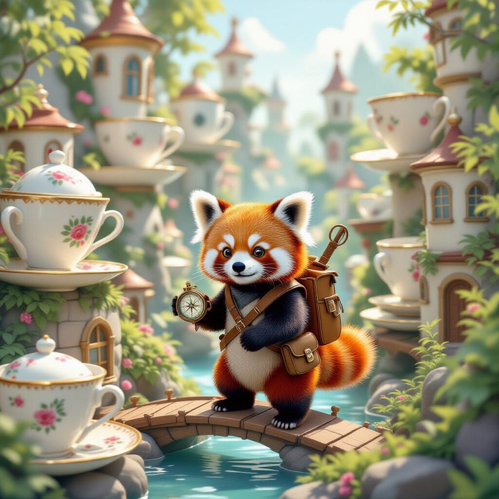 Red Panda Explorer in Whimsical Teacup City