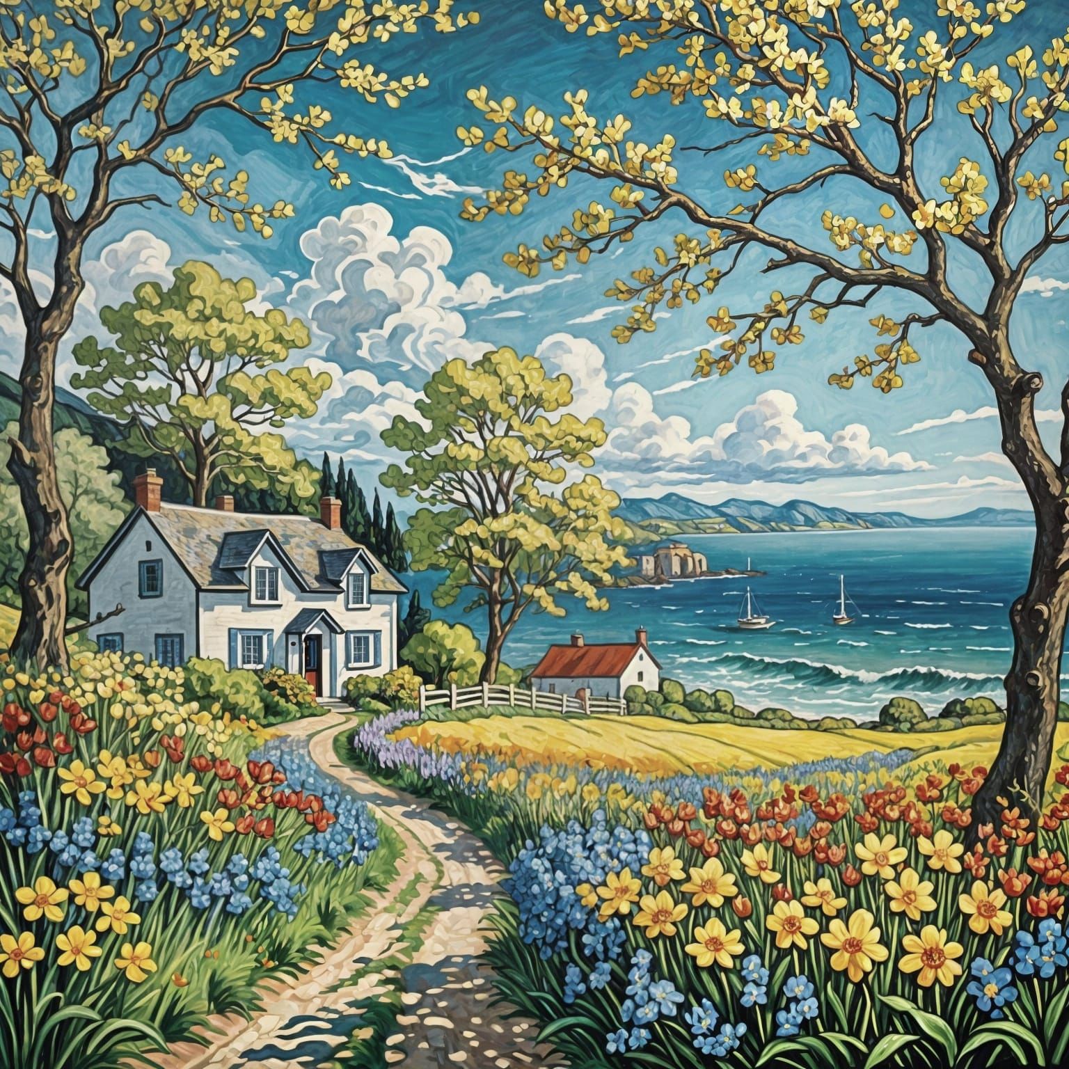 Vibrant Spring Countryside by the Ocean in Impressionist Sty...