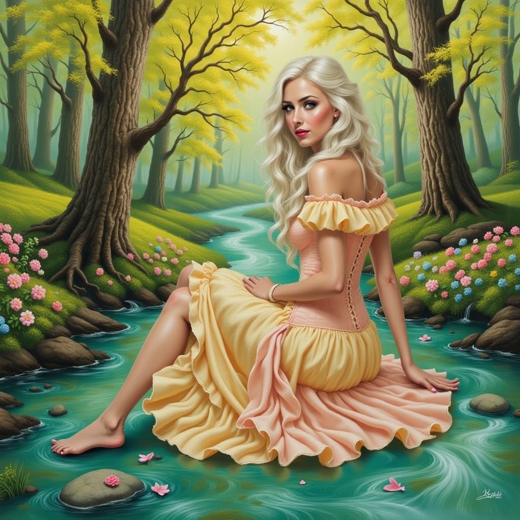 Ethereal Blonde Woman by Turquoise River at Sunset