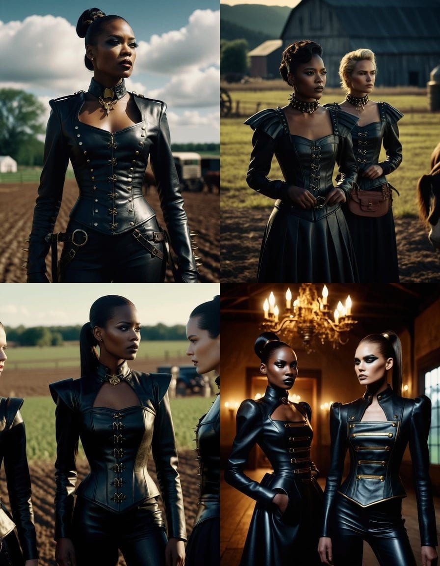 Elegant Ebony Woman in Leather Attire, Farm Setting