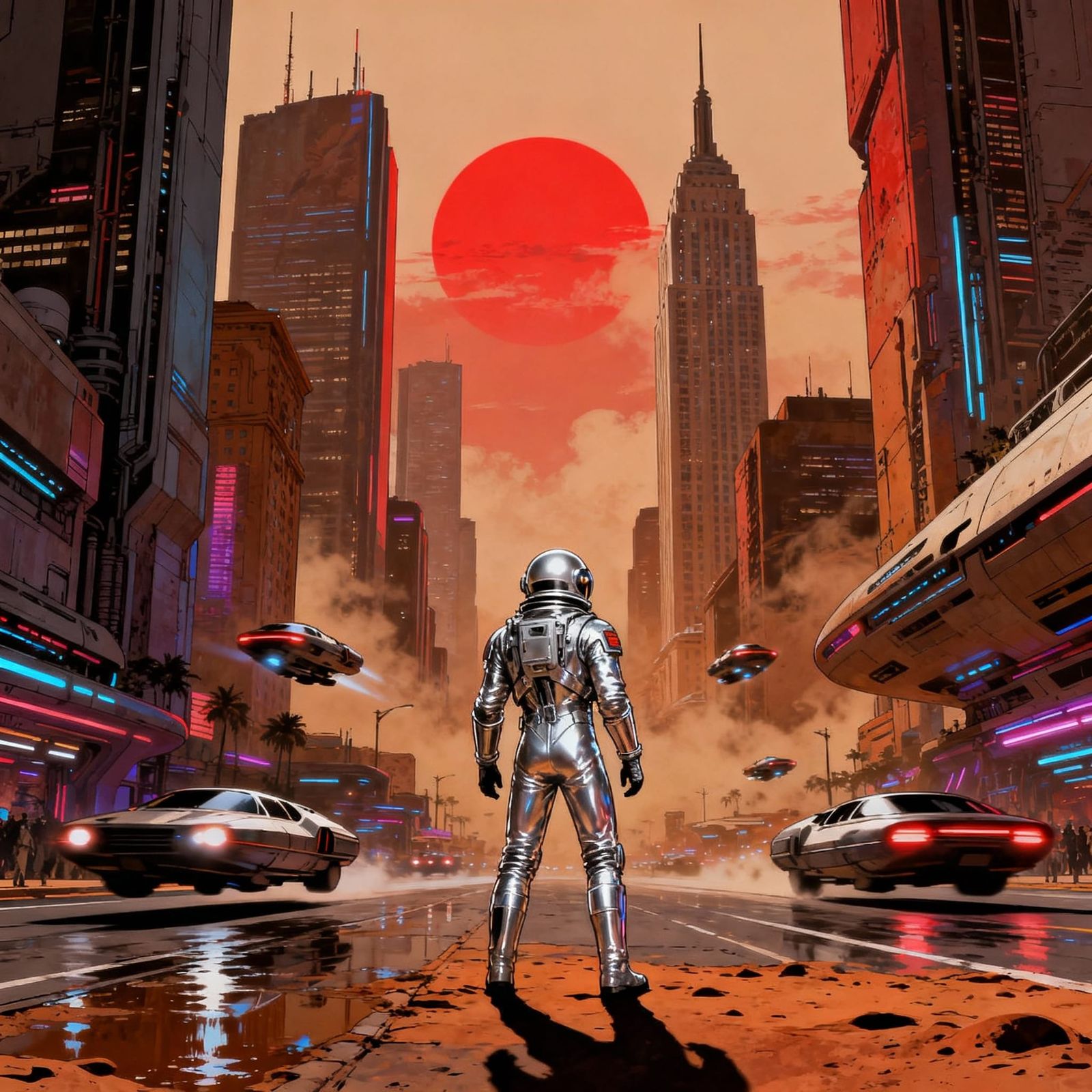 Urban Spaceman in Retro-Futuristic New New York on Mars