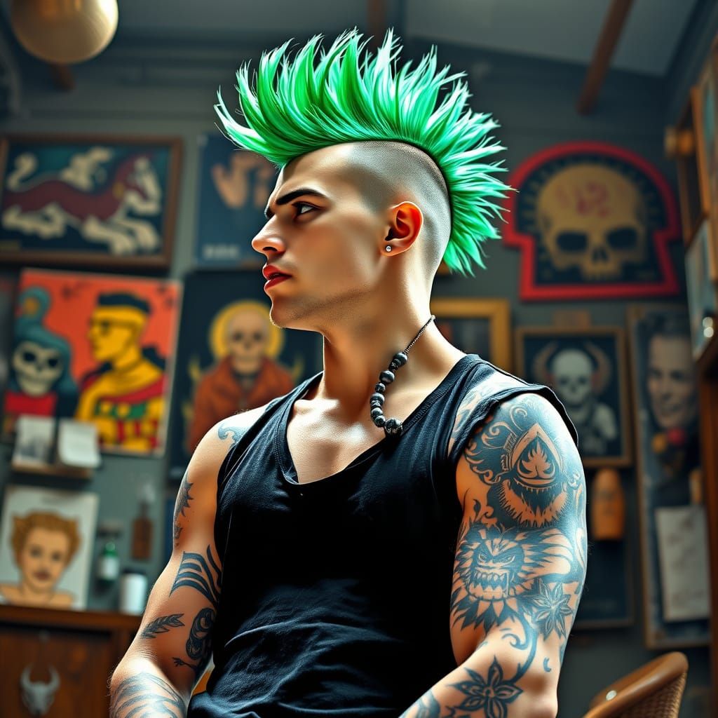 Emerald Mohawk Rebel in a Tattoo Shop