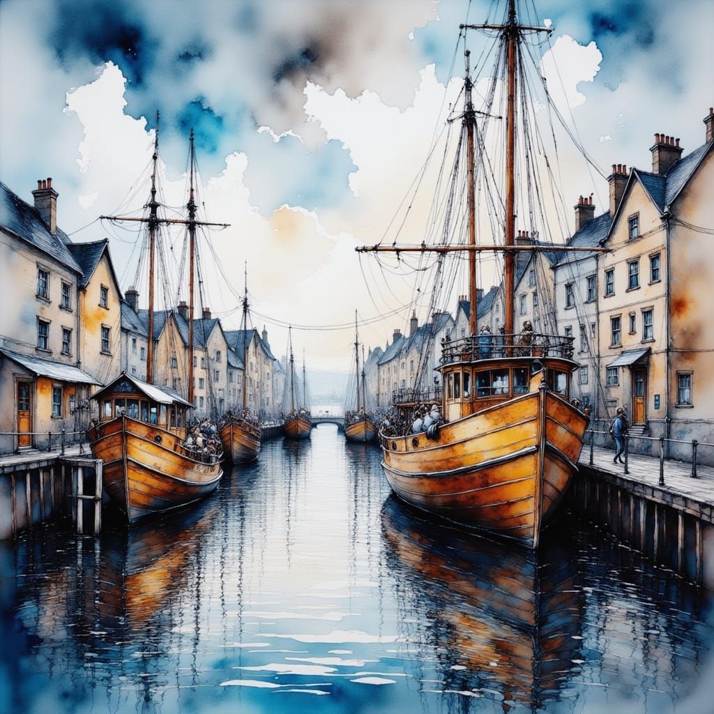 Surreal Harbour Scene with Ships in Ink and Watercolour Styl...