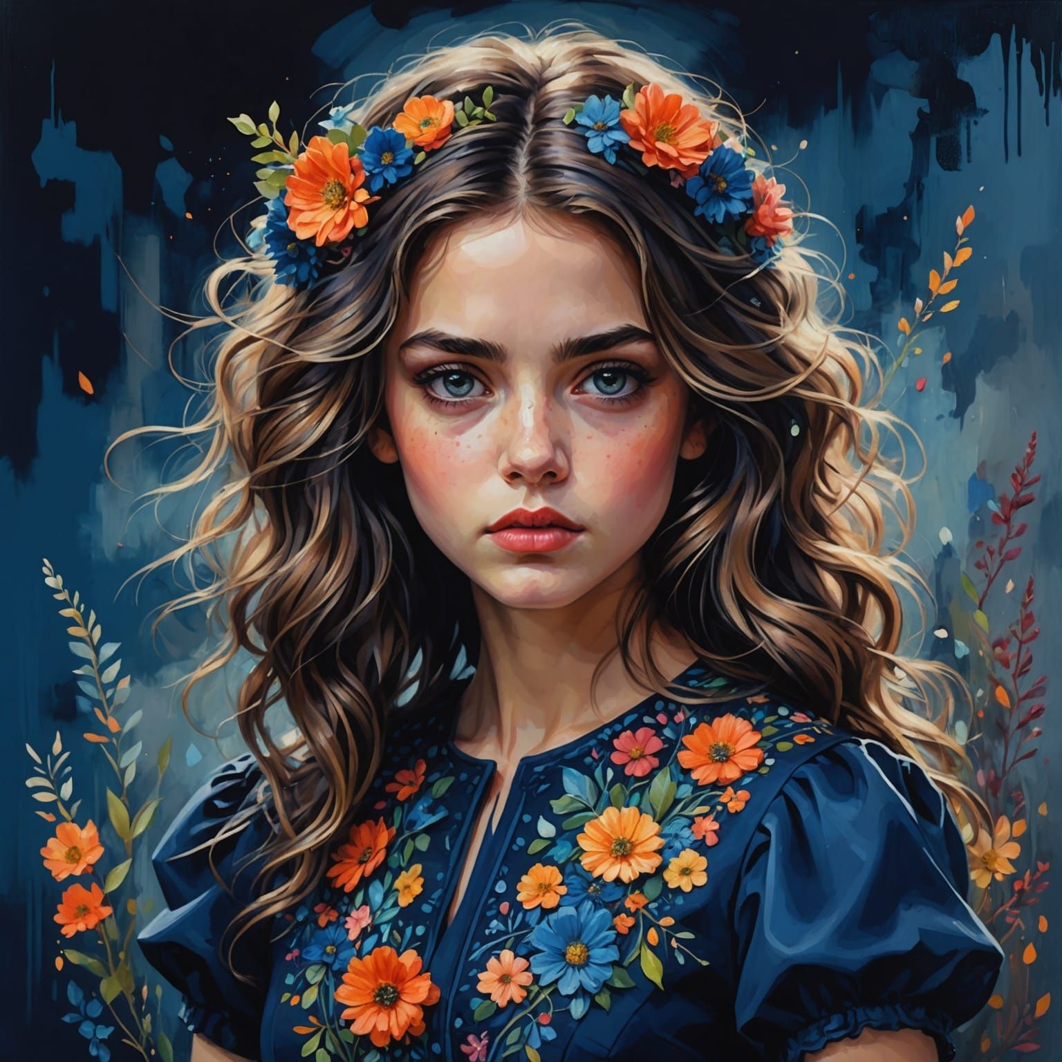Whimsical Girl with Floral Dress: Detailed Matte Painting