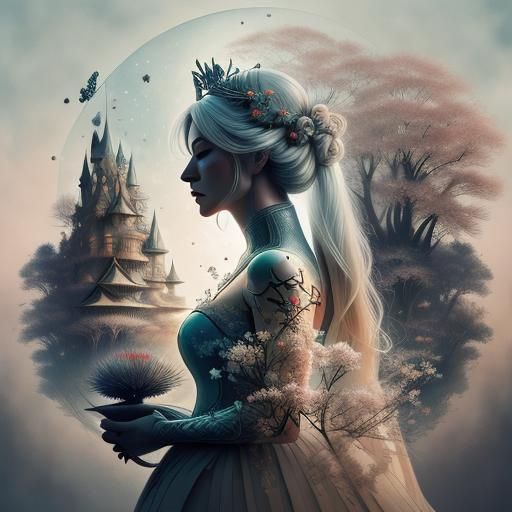 Intricate Double Exposure: Pregnant Woman in Cosmic Meadow