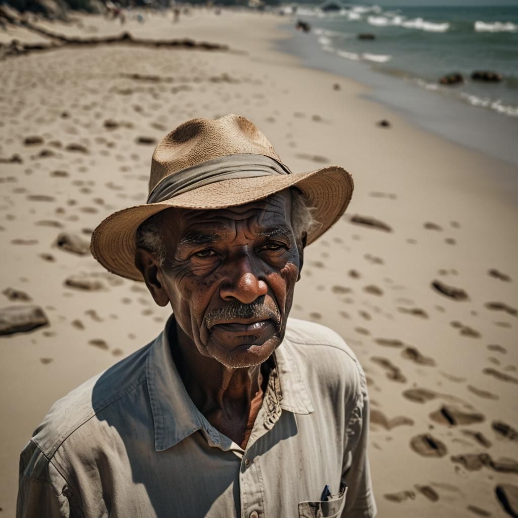 Weathered Man on Rio Beach: Conceptual Portrait