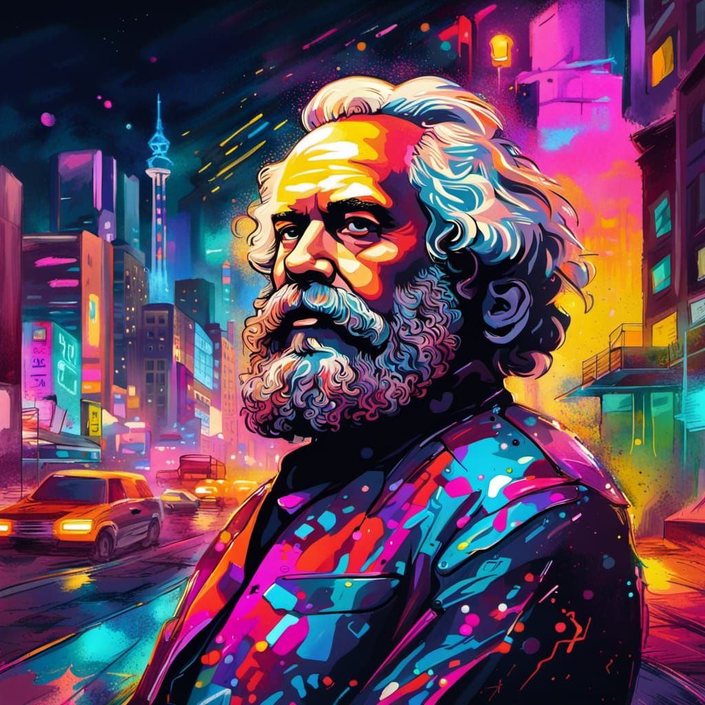 Karl Marx in Neon City Graffiti Art