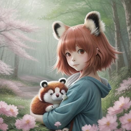 Red Panda Hugs Totoro in Anime Watercolor Style