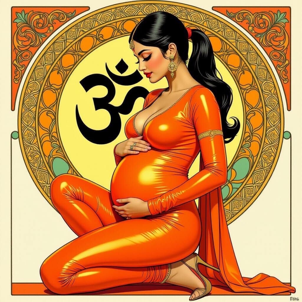 Indian Woman in Orange Catsuit, Art Nouveau Style