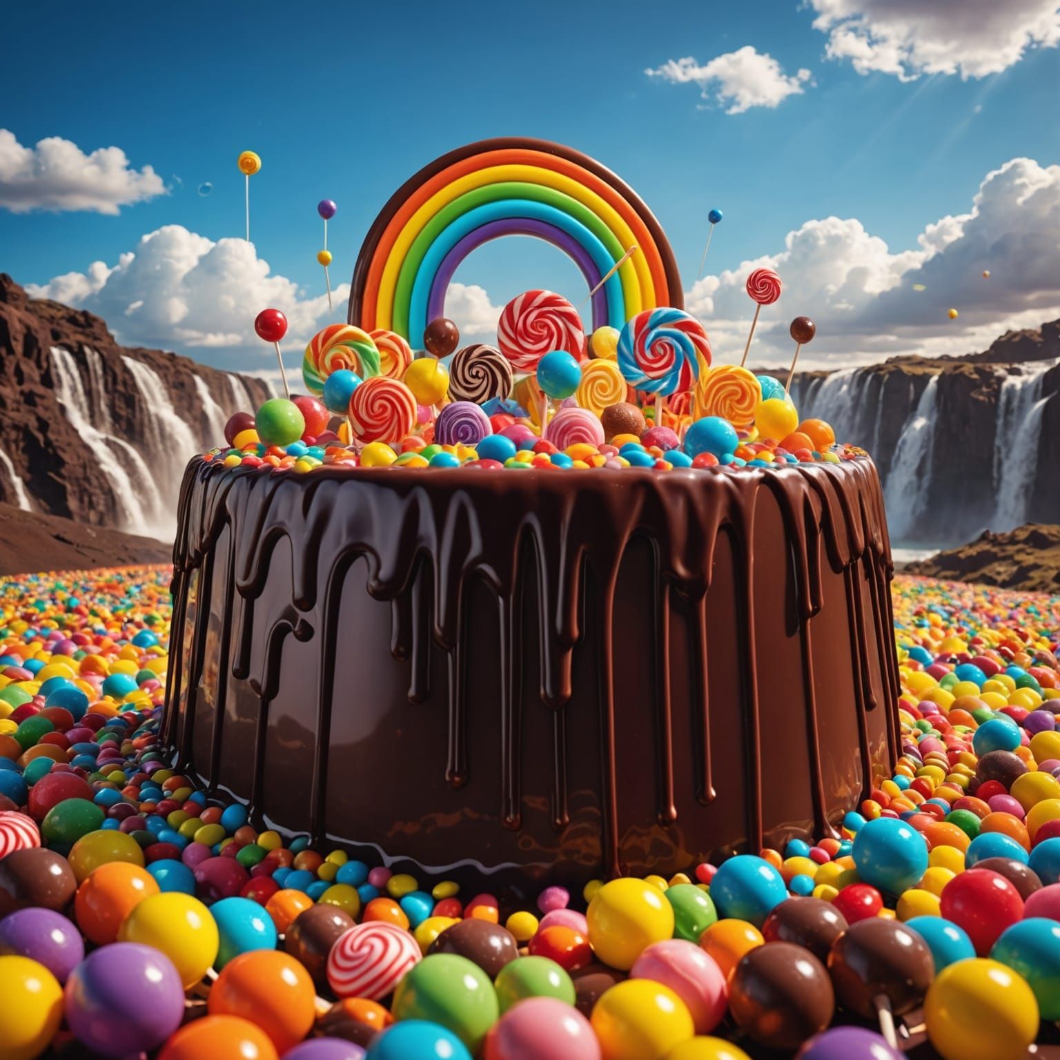 Surreal Chocolate Waterfall in Candy Landscape