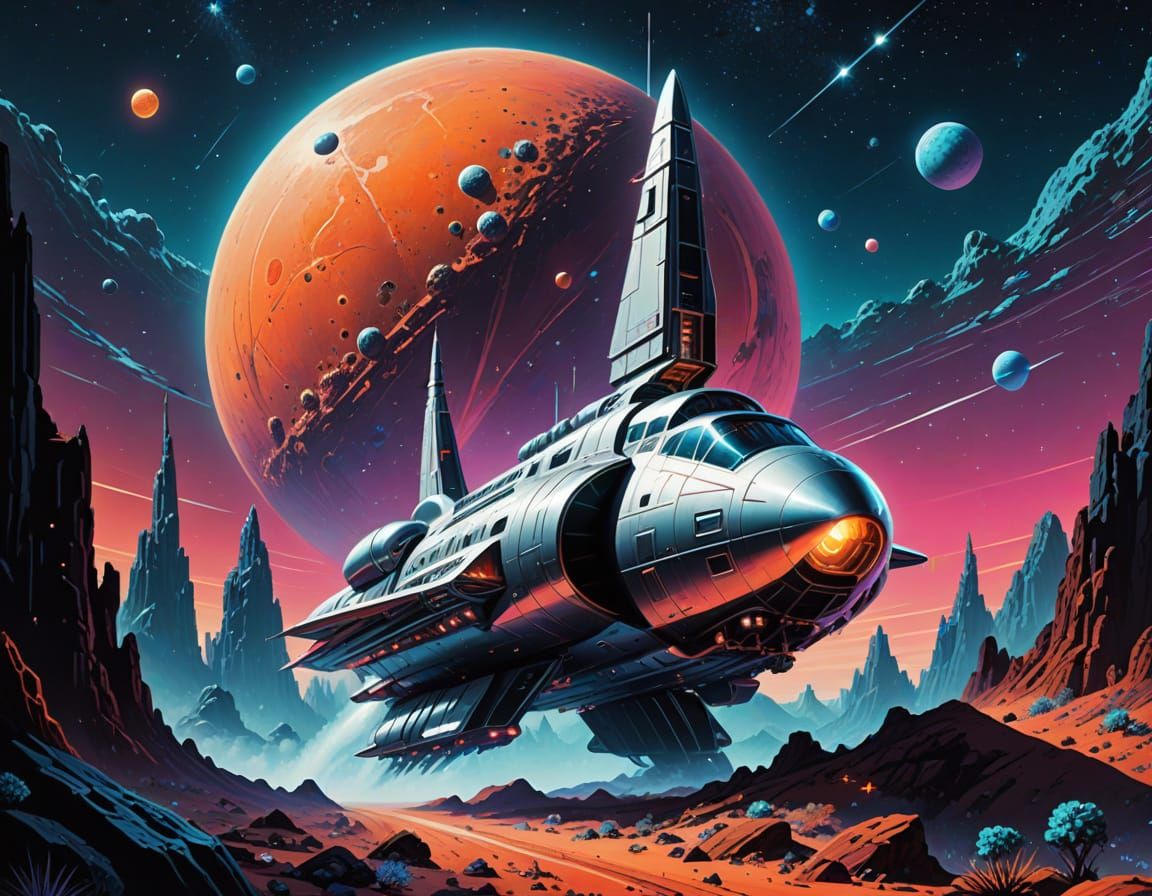 Chrome Rocket Landing on Neon Planet