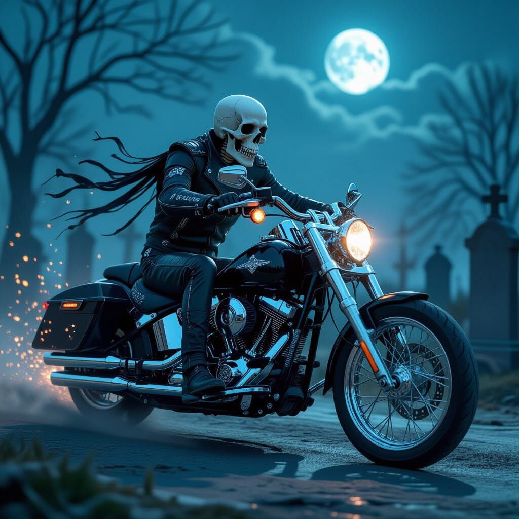 Skeletal Rider in Moonlit Graveyard: A Dark Fantasy