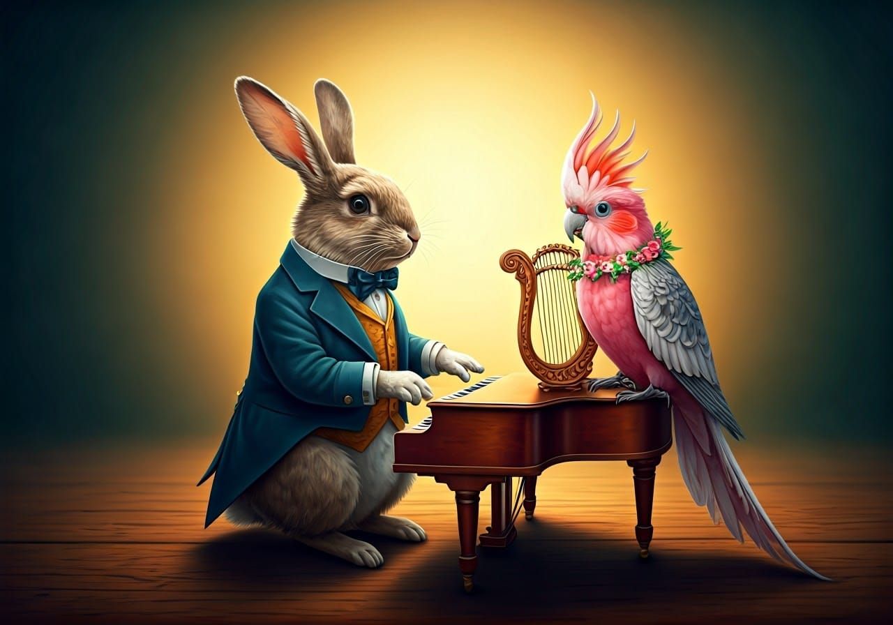 Whimsical Rabbit and Cockatiel Play Classical Music Duo in D...