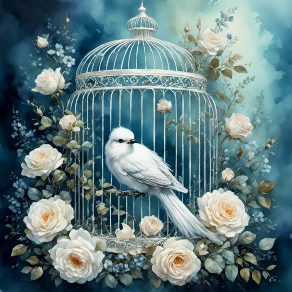 White Bird in Cage with Roses Watercolor