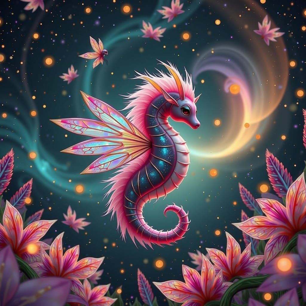 Surreal Seahorse Soars Through Dreamlike Realm in Iridescent...