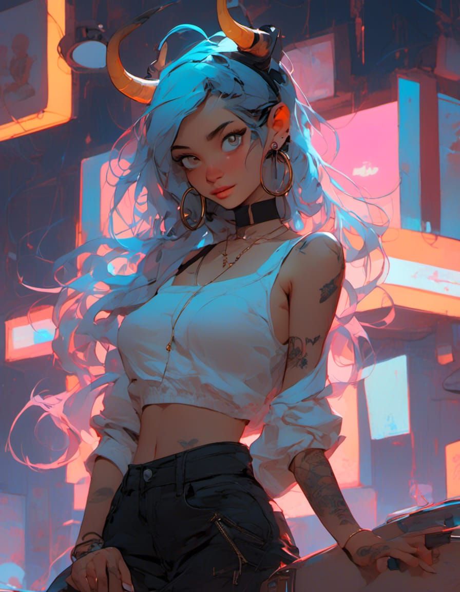Portrait of Horned Woman with Neon Lights