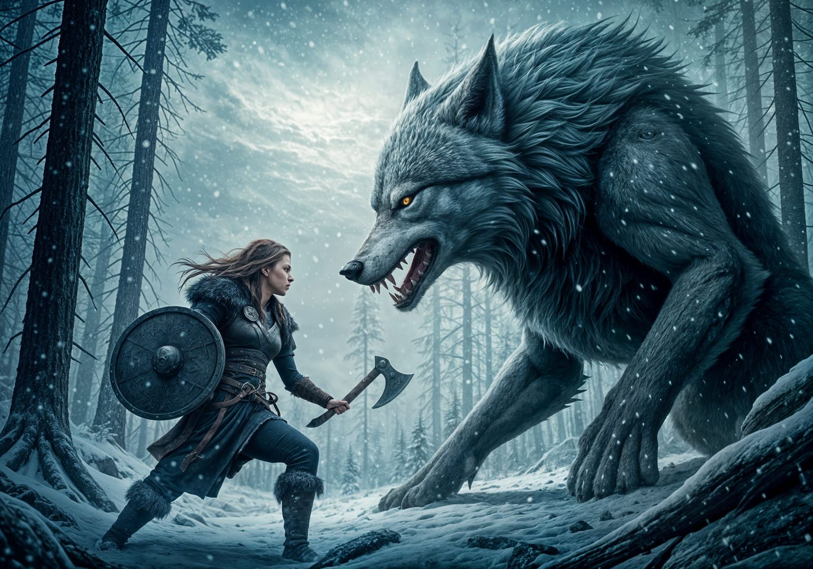 Epic Norse Goddess Battles Fierce Fenrir in Snowy Combat